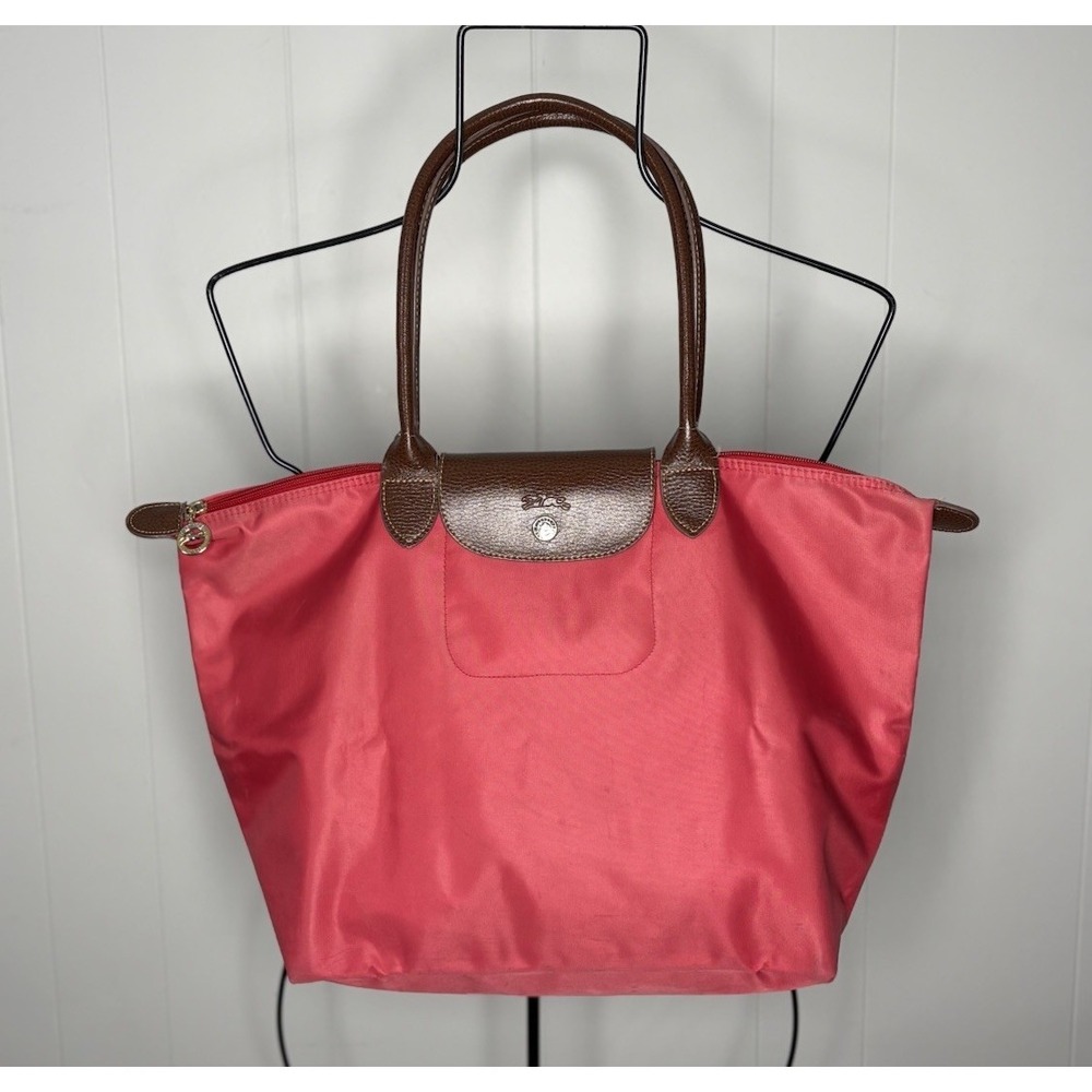 Longchamp Le Pliage Original Red Canvas Tote Bag Leather Handles Foldable Purse